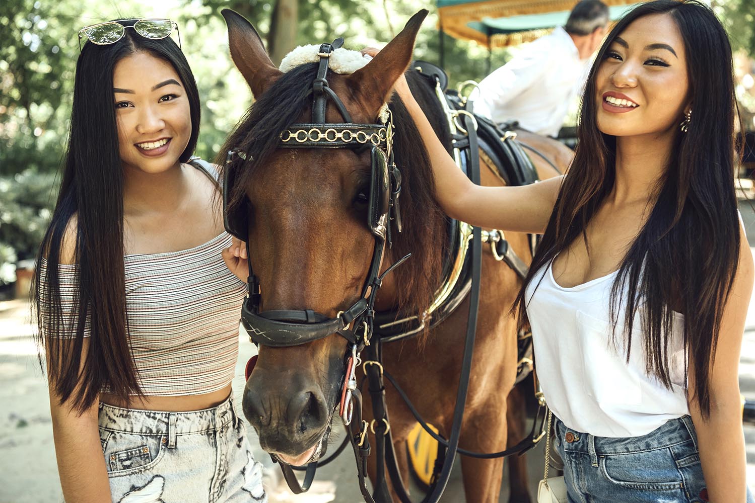 Chinese girls posing with horse