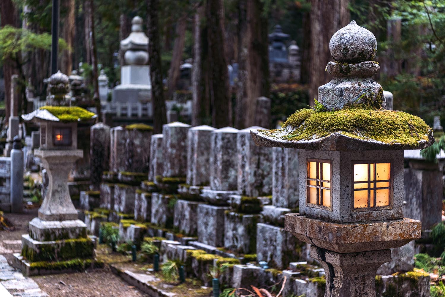 Graves and lanterns in Cemetery of Koyasan (Koya-San), Japan